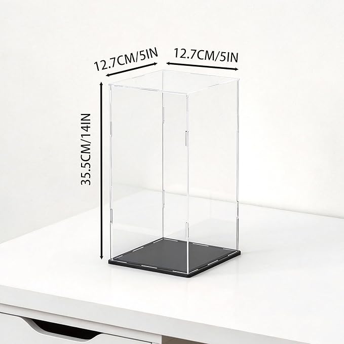 SVENJBB Display Case for Red Vine Bottle, Acrylic Box for Trophy and Toy Figures, Clear Acrylic Display Cases with Matte Black Base for Collection Protection and Storage, 5x5x14 inch