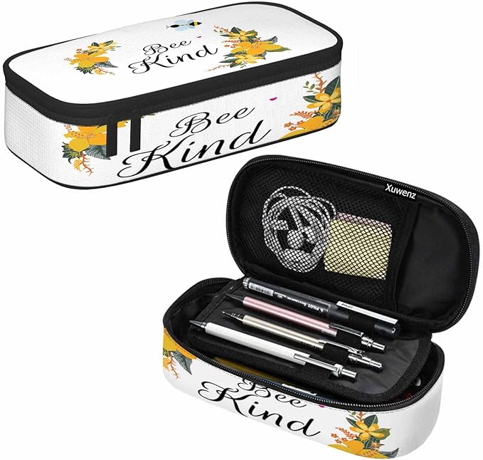 Bee Pencil Case Cute Bee Kind Yellow Flower Bunches Pencil Bag Pen Markers Pouch Holder Organizer for Boy Girl School Students