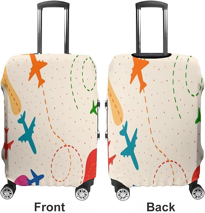 Colorful Airplane Stretch Luggage Cover, Washable Suitcase Protector Fits 30-32in Cases, Secure Fit for Carry On Checked Bags, Travel Essentials