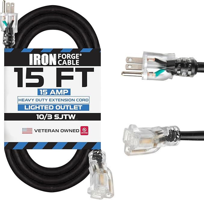Iron Forge Cable 15 ft Lighted Outdoor Extension Cord - 10 Gauge Heavy Duty Extension Cord Black 15 Amp with 3 Prong Grounded Plug, Weatherproof Power Cable for Outside