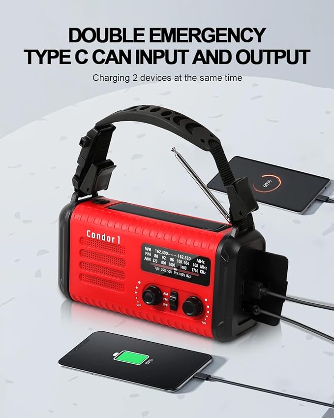 Emergency Crank Radio, 20000mAh / 74000mWh Solar Hand Crank Weather Radio with NOAA/AM/FM, Battery Powered Radio with Cell Phone Charger, Reading Lamp, Flashlight & SOS for Emergencies/Home