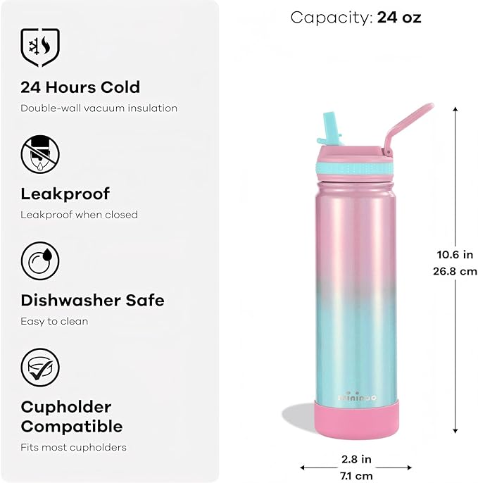 Insulated Stainless Steel Water Bottle with Straw, Ceramic-Lined, BPA-Free & Leak-Proof, 24 oz, Guava