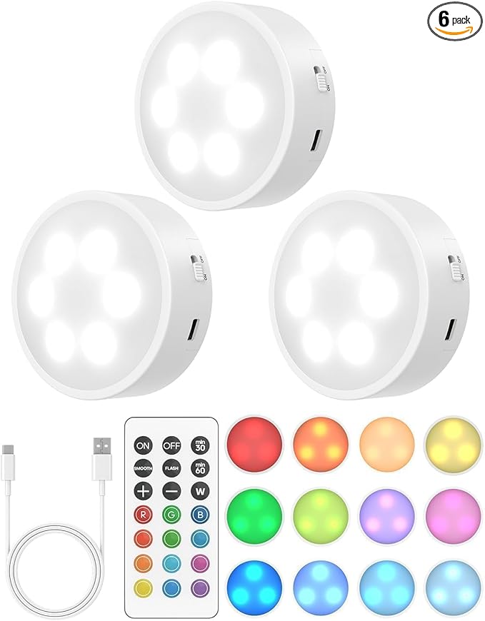 GOODEA.fun Puck Lights with Remote, 13 RGB Colors LED Under Cabinet Lights, Rechargeable Baterry Operated Under Cabinet Lighting Tap Lights, Stick on Lights with Dimmer and Timer（3 Pack）
