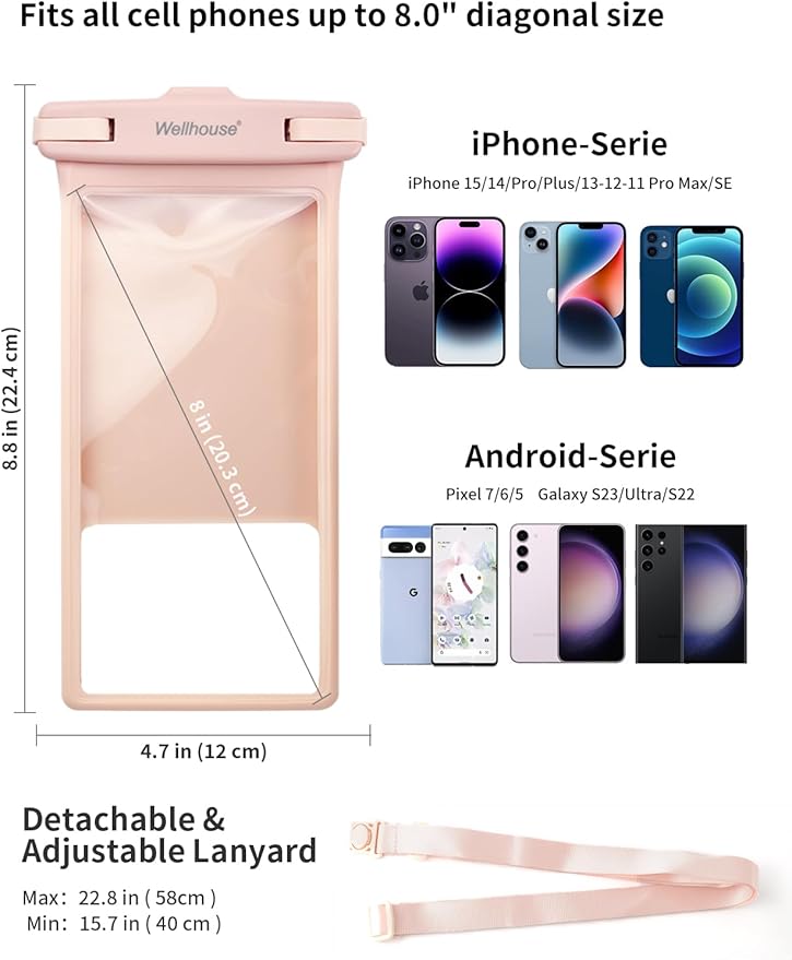 wellhouse Waterproof Phone Pouch, Waterproof Phone Case for iPhone 17 16 15 14 13 Pro Max XS Samsung, IPX8 3D Cellphone Dry Bag Beach Essentials (2 Pack - Blue & Pink8.0, 8 inch)