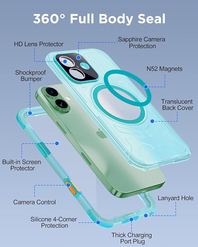 for iPhone 17 Waterproof Case with Magsafe, Built-in [Camera & Screen Protector] [Lanyard], IP68 Water Proof Full Body Dustproof Heavy Duty Frosted Protective Phone Cover, 6.1" Teal