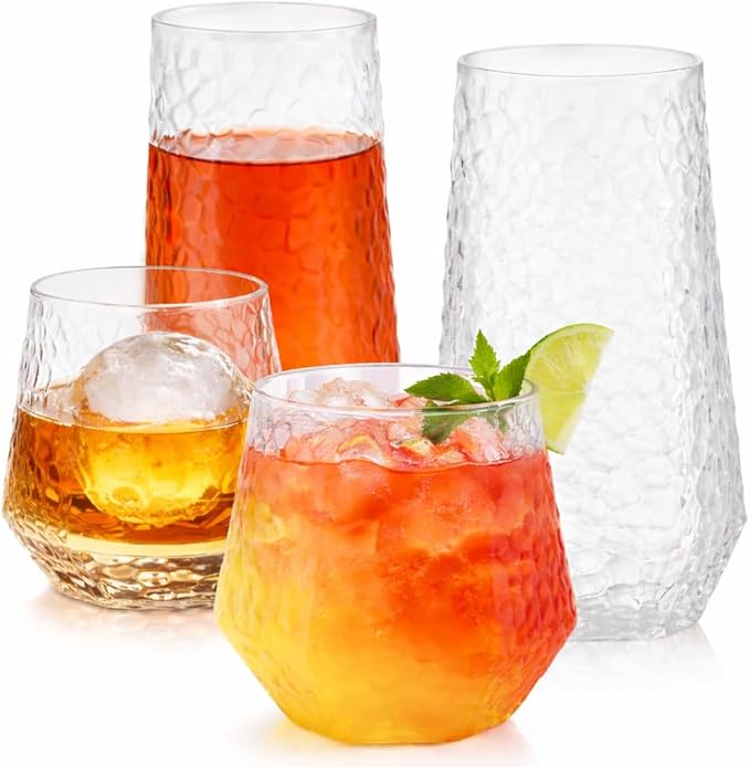 Oojami 48 Pack Plastic Champagne Flutes Disposable Stemless, 24 x 9oz Flutes & 24 x 12oz Cups, Mimosa Glasses Ribbed Ripple BPA-Free Shatterproof for Weddings Parties Events, (Hammered Diamond Clear)
