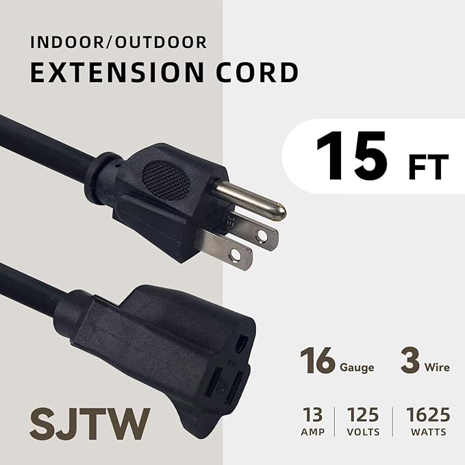 15ft Outdoor Extension Cord - 16/3 Heavy Duty SJTW Waterproof Black Electrical Cable with 3 Prong Grounded Plug for Safety, Great for Lawn and Major Appliances