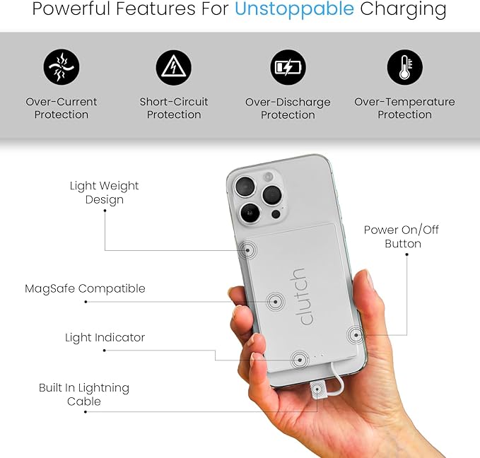 Clutch Pro – World's Thinnest iPhone Charger – Portable Power Bank 5000mAh – Magnetic Built-in Lightning Cable – TSA Approved Travel Charger – iPhone 14 & Earlier – White