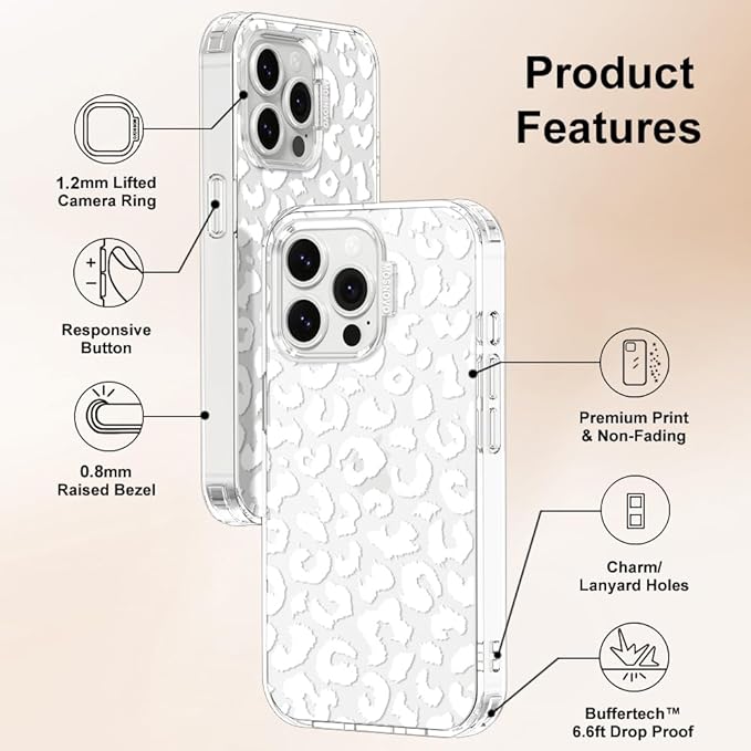 MOSNOVO Case for iPhone 14 Pro Max, [Buffertech 6.6ft Military-Grade Drop Protection] [Anti Peel Off Tech] Clear TPU Bumper Phone Case Cover Design - White Leopard Print