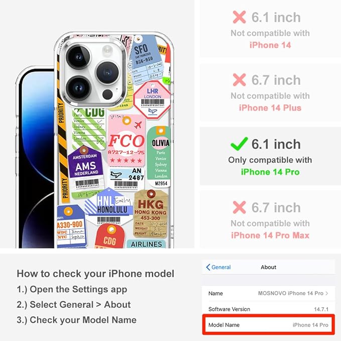 MOSNOVO Case for iPhone 14 Pro, [Buffertech 6.6ft Military-Grade Drop Protection] [Anti Peel Off Tech] Clear TPU Bumper Phone Case Cover Design - Air Ticket Labels