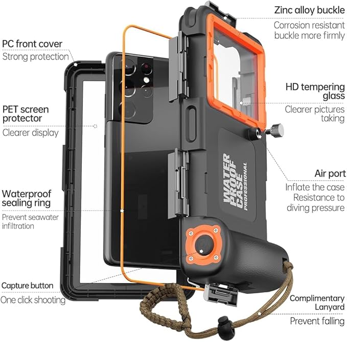 Hllhunkhe Universal Underwater Phone Case for Snorkeling, Professional Diving Waterproof Phone Case for iPhone 7-17 Pro/Pro Max/Plus/Mini, Galaxy S10-S25 Ultra/Plus and Most Phones,Black/Orange