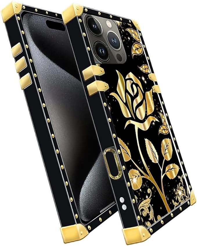 Compatible with iPhone 16 Pro Max Case, Shine Gold Rose Luxury Golden Decoration for Girl Women Soft TPU Shockproof Protective Hard PC Back for iPhone 16 Pro Max