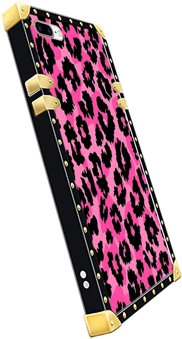Compatible with iPhone 8 Plus 7 Plus Case, Pink Black Leopard Luxury Golden Decoration for Girl Women Soft TPU Shockproof Protective Hard PC Back for iPhone 8 Plus 7 Plus