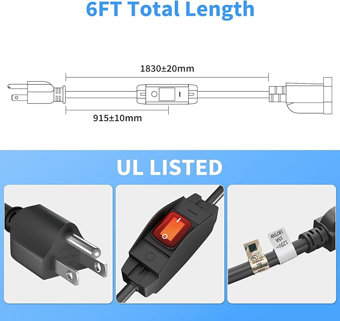 FIRMERST 1875W Outdoor Extension Cord with Waterproof Switch 6 Feet