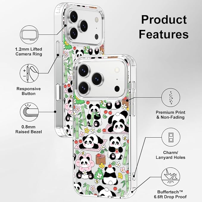 MOSNOVO for iPhone 17 Pro Case, Shockproof Military-Grade Protection 6.6ft Drop Tested, Camera Control, Clear Phone Case for iPhone 17 Pro, Kawaii Panda Garden Design