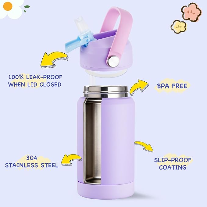Kerilyn 12oz Water Bottle, Stainless Steel Insulated Water Bottle with Straws Leak-Proof, Water Cup Double Wall Vacuum, BPA Free, Purple Mix