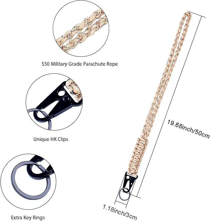 Heavy Duty Braided 550 Paracord Neck Lanyard Keychain for Men Women Outdoor Survival, Parachute Rope Necklace Keychains with HK Clip Key Ring for ID Card Badge Holder, Camera, Wallet and Keys
