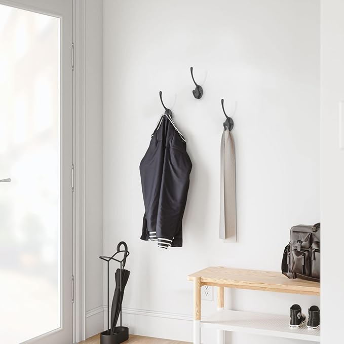 Heavy-Duty Metal Coat Hooks for Wall, 10-Pack Black Wall Mounted Hooks with 20 Screws, Double Robe Hooks for Coat, Hat, Robe, Towel, Entryway, Bathroom, Kitchen