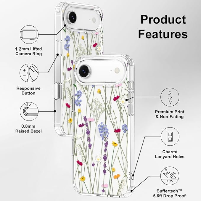 MOSNOVO for iPhone Air Case | Military Grade 6.6ft Drop Tested | Camera Control | Clear with Floral Garden Design
