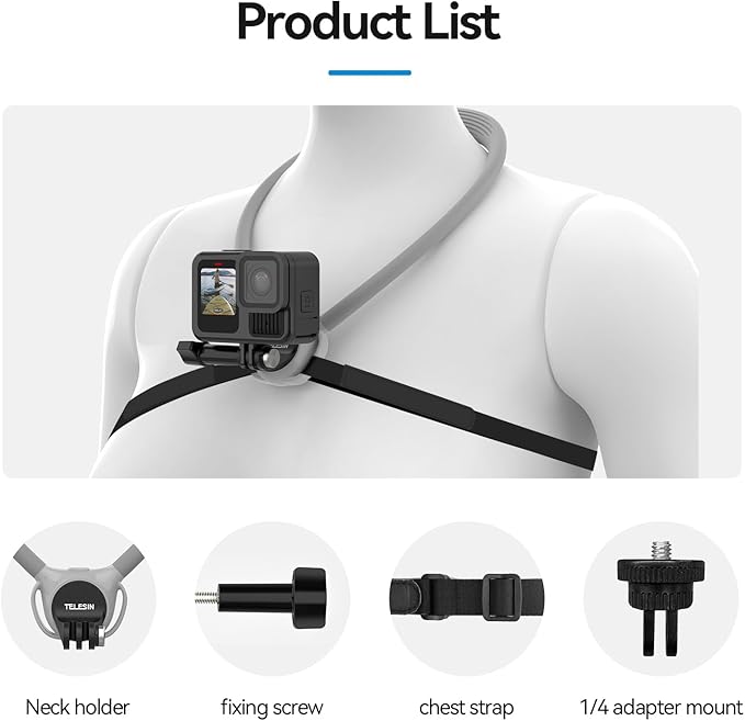 TELESIN Neck Mount SE 2.0 with Air Cushion, Adjustable Chest Strap and Neck Mount for Hands-Free POV Vlogging, for GoPro Hero 13/12/11/10/9, Insta X5/X4/X3/Ace Pro 2, Action 3/4/5 Pro 6, AKASO, etc.