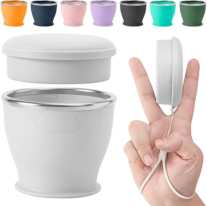 Collapsible Travel Cup, BPA-Free Reusable Water Cup, Lightweight Drinking Cups with Lids and Carrying Strap, Dishwasher Safe Silicone Cups for Camping, Travel, Airports, Hotel (6.7oz, Gray)
