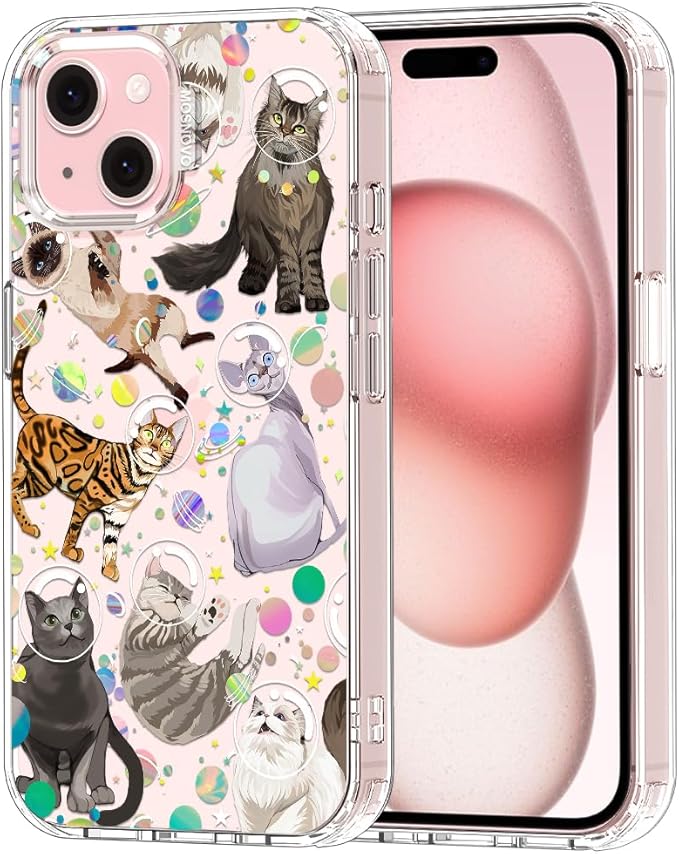 MOSNOVO Case for iPhone 15 Plus/iPhone 14 Plus, [Buffertech 6.6ft Military-Grade Drop Protection] [Anti Peel Off Tech] Clear TPU Bumper Phone Case Cover Design - Space Cat