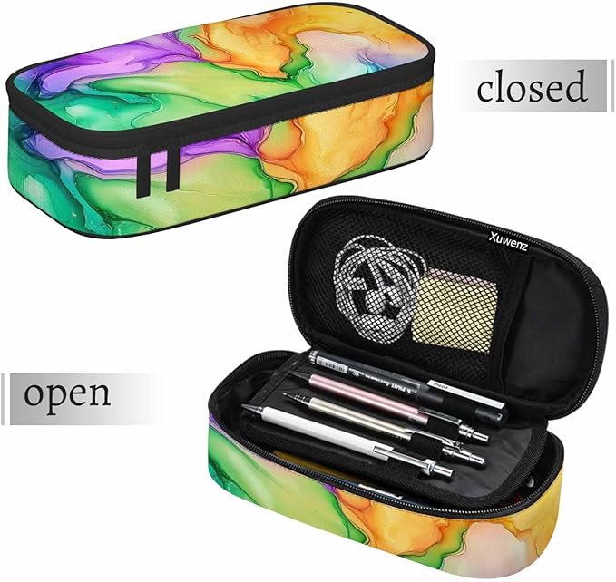 Abstract Print Pencil Case Colorful Fluid Waves Golden Swirls Pencil Bag Pouch Box Organizer for College School Students Boy Girl