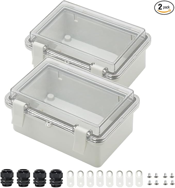 Zulkit 2pcs Junction Box ABS Plastic Dustproof Waterproof IP65 Electrical Boxes Hinged Shell Outdoor Universal Project Enclosure Clear Cover with 2 Cable Glands 5.9 x 3.9 x 2.8 inch (150x100x70 mm)