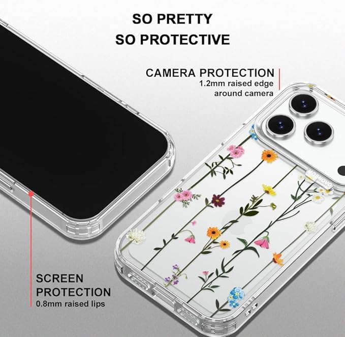 MOSNOVO for iPhone 17 Pro Case | Military Grade 6.6ft Drop Tested | Camera Control | Clear with Wildflowers Design