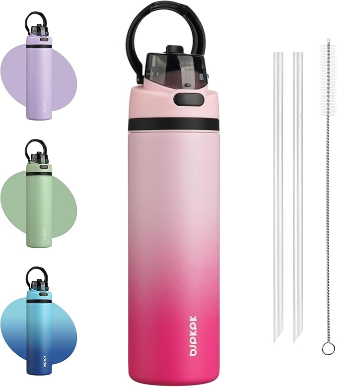 BJPKPK 25oz Insulated Water Bottle with 2-1 Straw Spout Lid, Stainless Steel Metal Water Bottles with Carry Handle, BPA Free, Leak-Proof, Fits in Car Cup Holder, Thermo for Sports,Cherry