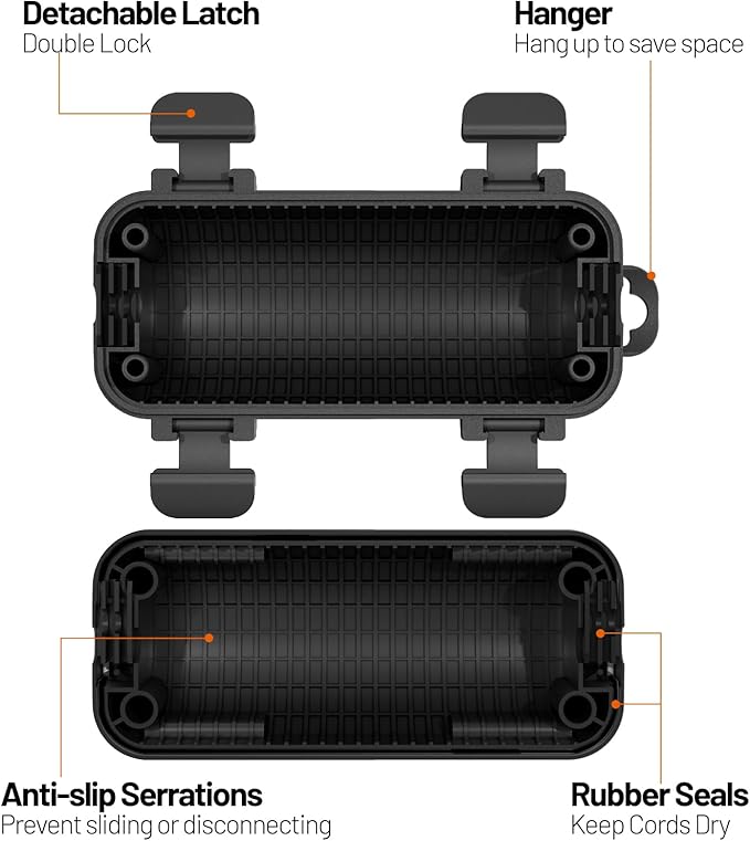 2 Pack Extension Cord Cover Outdoor, Cord Connector Protector IP54 Water-Resistant with 4 Detachable Latch, Indoor Outdoor Electrical Safety Box for Garden, Power Tool, Holiday Decoration Light, Black