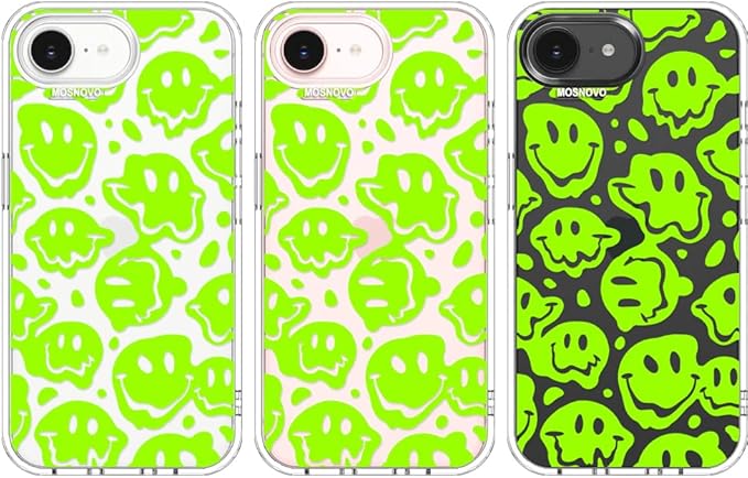MOSNOVO for iPhone 17e Case/iPhone 16e Case, Shockproof Military-Grade Protection 6.6ft Drop Tested, Clear Phone Case for iPhone 16e / iPhone 17e, Distorted Green Smiles Face Design