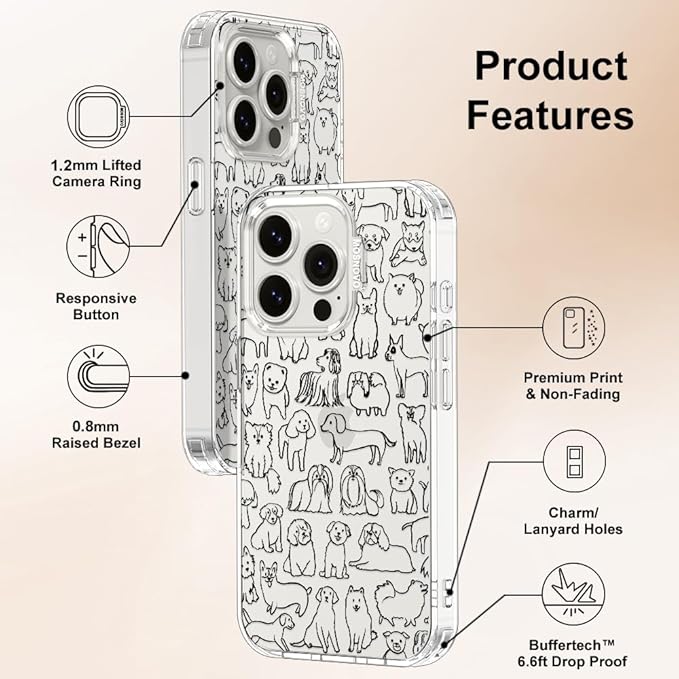 MOSNOVO Case for iPhone 15 Pro, [Buffertech 6.6ft Military-Grade Drop Protection] [Anti Peel Off Tech] Clear TPU Bumper Phone Case Cover Design - Doodle Dog