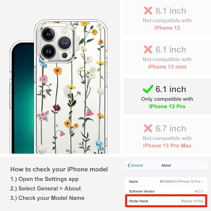 MOSNOVO Case for iPhone 13 Pro, [Buffertech 6.6ft Military-Grade Drop Protection] [Anti Peel Off Tech] Clear TPU Bumper Phone Case Cover Design - Wildflowers