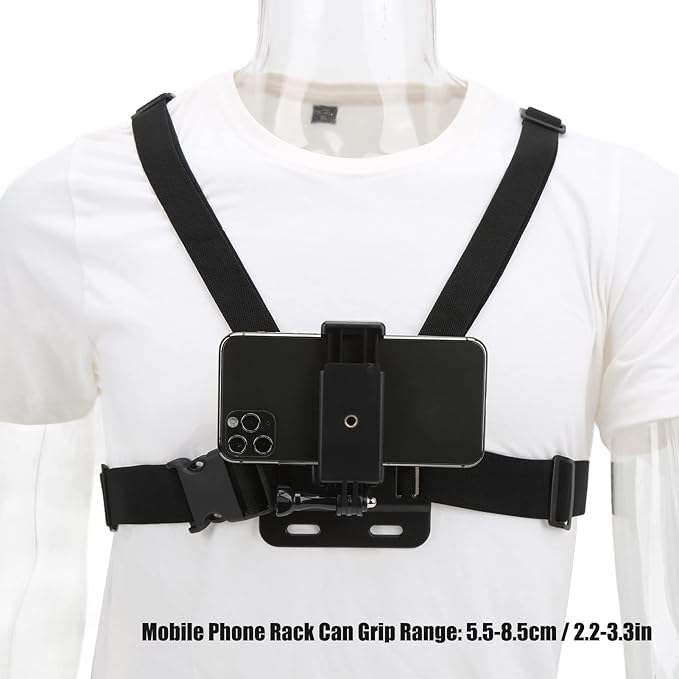 Mobile Phone Chest Mount Harness Strap Holder Outdoor Live Mobile Phone Chest Strap Harness Mount Cell Phone Clip, Elastic and Adjustable, Chest Strap Mount for Smartphones and Action Camera