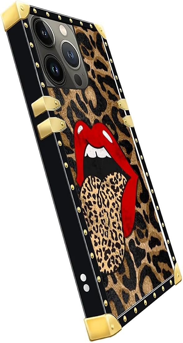 Compatible with iPhone 14 Pro Case, Brown Leopard Print Mouth Luxury Golden Decoration for Girl Women Soft TPU Shockproof Protective Hard PC Back for iPhone 14 Pro