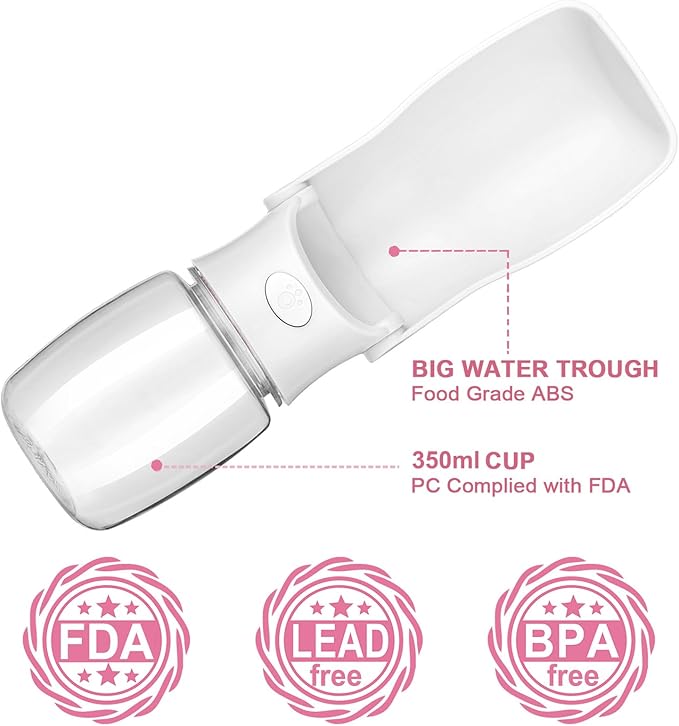 Portable Dog Water Bottle, Foldable Dog Water Bottle Leak Proof Dispenser for Puppy Small Medium Large Dogs, Pet Drink Cup for Walking Hiking Traveling(White,12oz)
