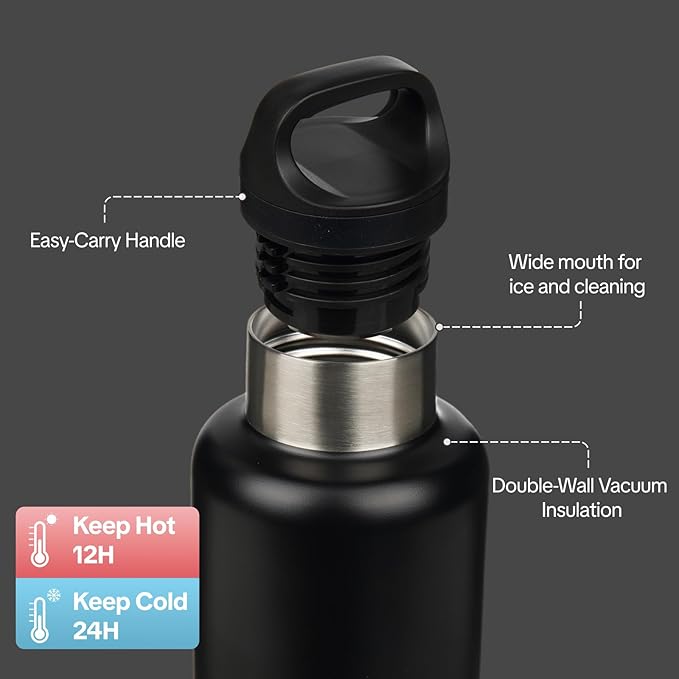 BJPKPK Insulated Water Bottle 32OZ Stainless Steel Water Bottle with Handle Double Walls Vacuum Insulated BPA Free Flask, Black