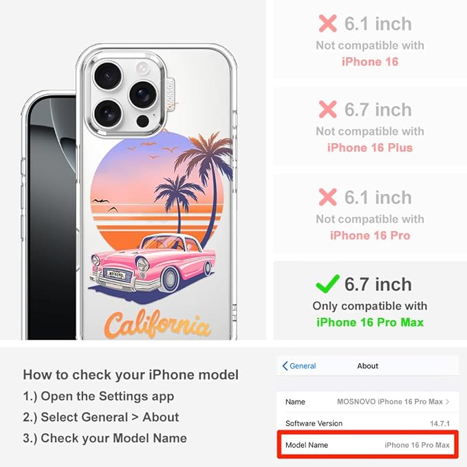 MOSNOVO for iPhone 16 Pro Max Case, Shockproof Military-Grade Protection 6.6ft Drop Tested, Clear Phone Case for iPhone 16 Pro Max, Cali Cruise Design