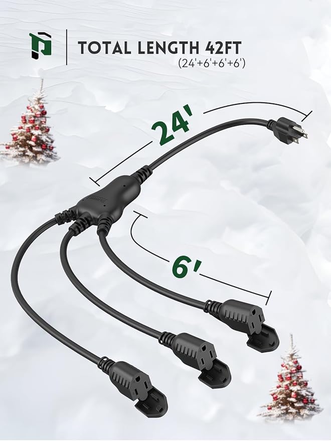 PLUGTUL 42FT Outdoor Extension Cord with Multiple Outlets, 1 to 3 Splitter Max 30FT End to Male Plug (Total 42FT) 16/3 SJTW Waterproof Power Cord for Halloween Christmas, ETL Listed, Black
