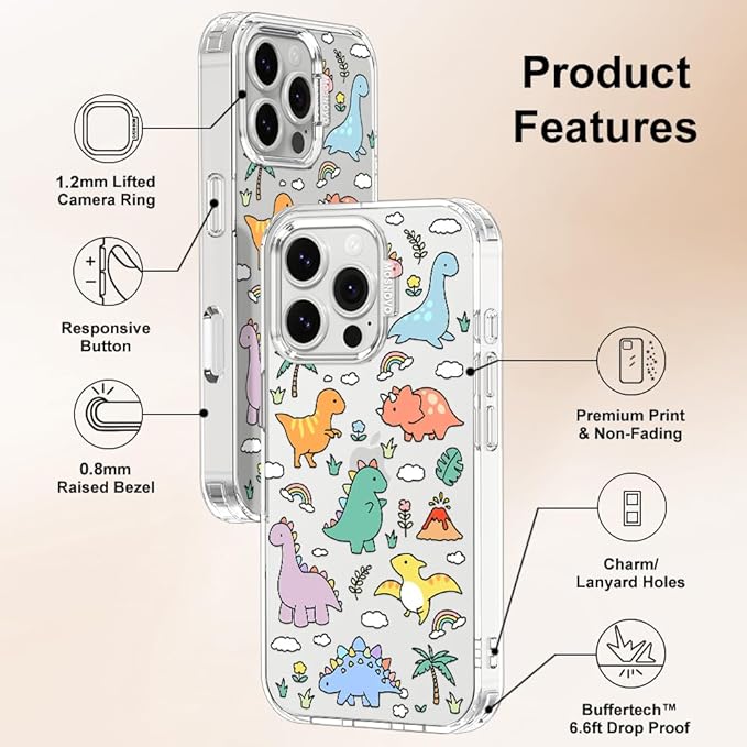 MOSNOVO Case for iPhone 16 Pro, [Buffertech 6.6ft Military-Grade Drop Protection] [Anti Peel Off Tech] Clear TPU Bumper Phone Case Cover Design - Dinosaur Land