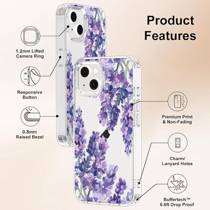 MOSNOVO for iPhone 13/14 Case | Military Grade 6.6ft Drop Tested | Clear with Lavender Design