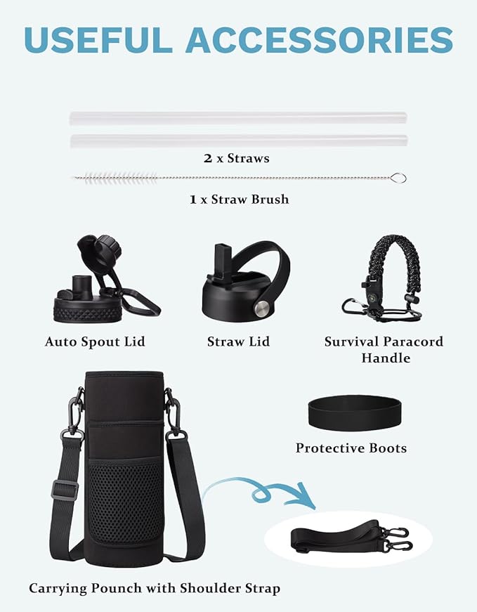 BENZZO Stainless Steel Water Bottle 40oz with Straw & Auto Spout Lids, Paracord Handle, Protective Boot, Insulated Water Bottle Carrier Bag, Keep Cold-48H & Hot-24H Metal Flask Canteen Bottle
