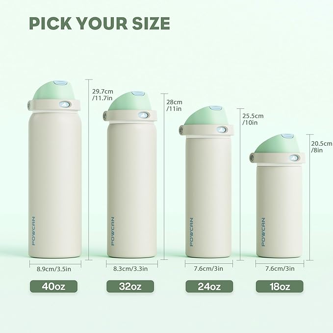 POWCAN 18 oz Steel Insulated Water Bottle: 2-in-1 Push-Button Spout & Flip Straw Lid, Leakproof, Cold 24 Hrs, Fits Car Cup Holder, Reusable Metal Sports Bottle for Travel, Gym, School (Icy Drift)