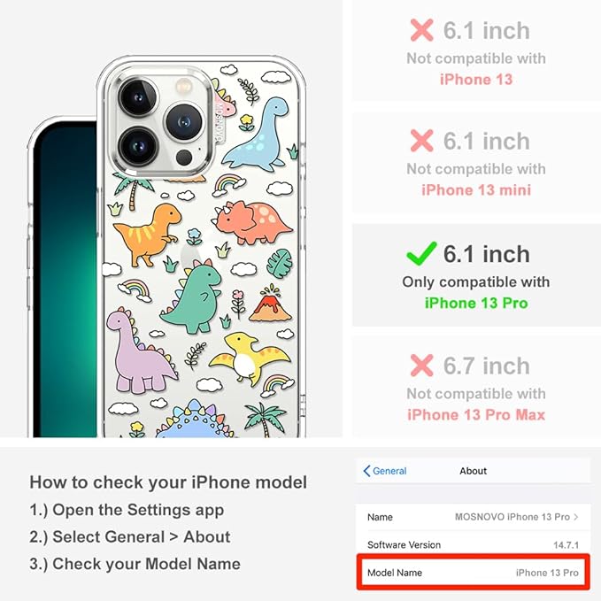 MOSNOVO for iPhone 13 Pro Case | Military Grade 6.6ft Drop Tested | Clear with Dinosaur Land Design
