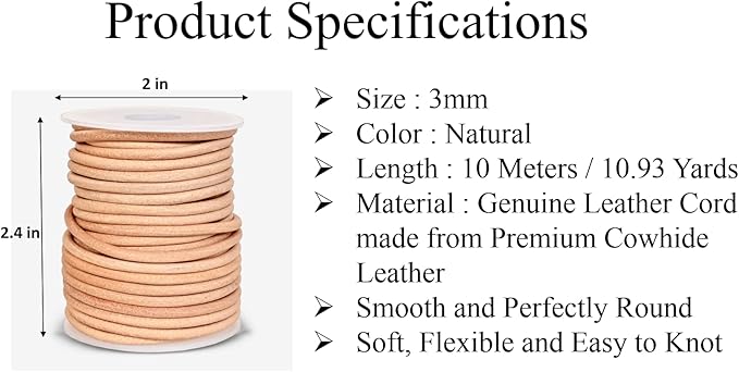 GENIQUE Real/Genuine Round Leather String Cord for Necklace, Bracelets, Jewelry, Kumihimo Braiding, DIY Projects (10 Metres) (3mm, Natural)
