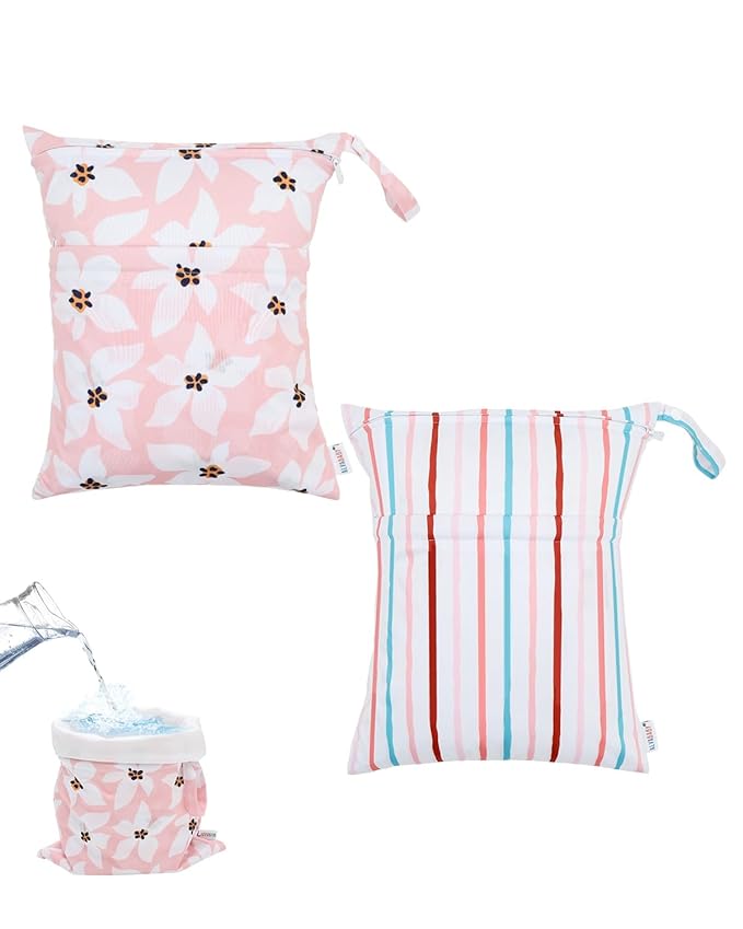 ALVABABY 2pcs Waterproof Wet Dry Bags,Reusable with Two Zippered Pockets,Baby Cloth Diaper,Travel,Beach,Pool,Daycare,Soiled Baby Items,Yoga Gym Bag,Swimsuits or Wet Clothes 2LW01