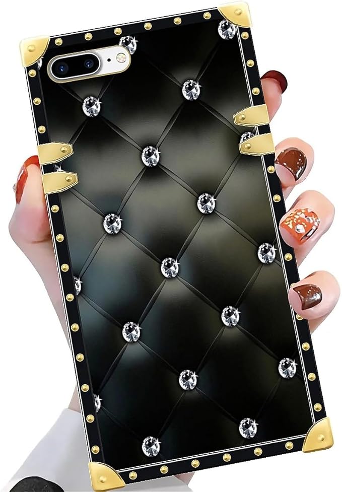 Compatible with iPhone 8 7 SE Case, Shiny Black Sofa Crystal Luxury Golden Decoration for Girl Women Soft TPU Shockproof Protective Hard PC Back for iPhone 8 7 SE