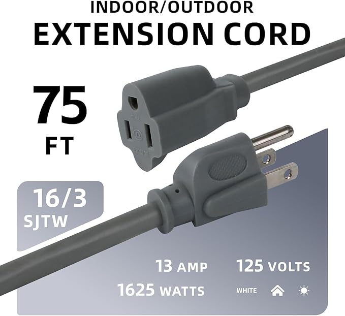 EP 75 Ft Outdoor Extension Cord - 16/3 SJTW Gray Electrical Cable with 3 Prong Grounded Plug, UL Listed