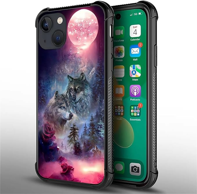 for iPhone 14 Plus Case, Star Two Wolfs Howling Pattern Graphic Design Girl Boy Soft Silicone Hard Acrylic Shock Protection for iPhone 14 Plus